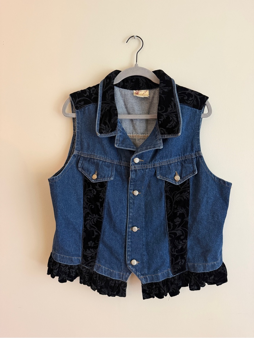 Vintage Style Denim Vest XL Black Damask Ruffle Western Boho
